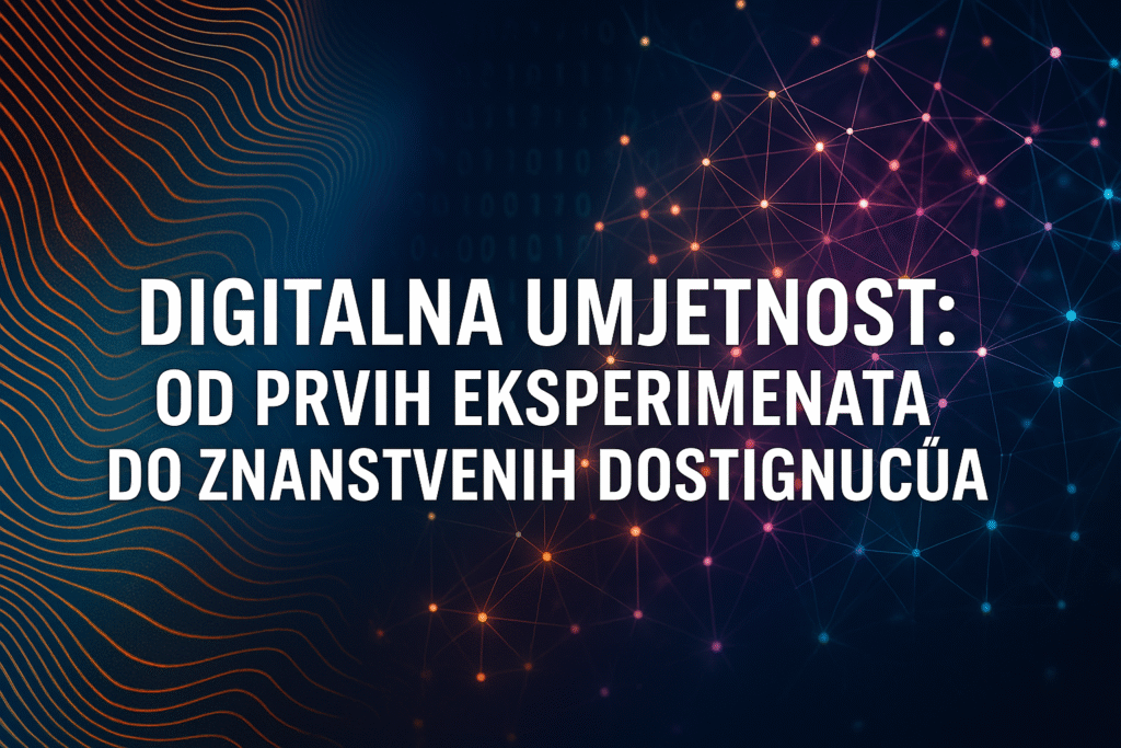 pstraktna digitalna ilustracija s mrežom svjetlosnih točaka i linija, prikazuje temu digitalne umjetnosti od ranih eksperimenata do znanstvenih dostignuća