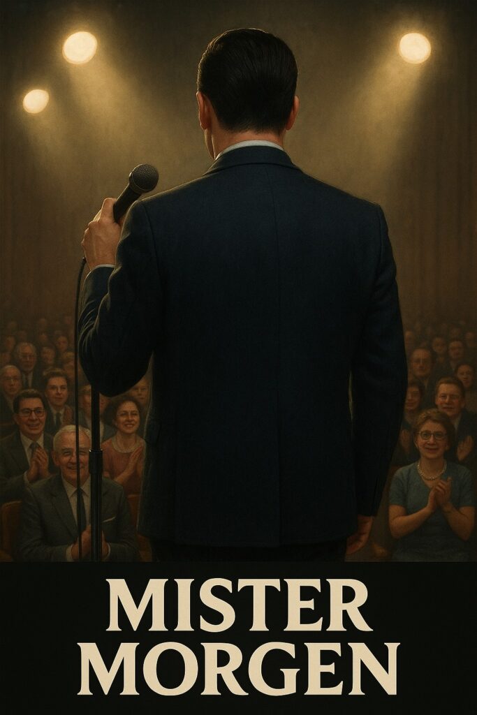 Ivo Robić na pozornici, ilustracija s publikom iz 1950-ih i reflektorima.