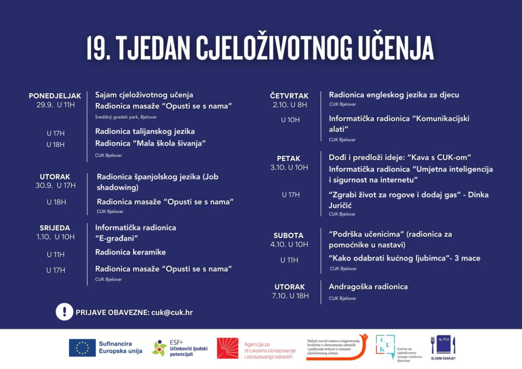 Posjetitelji Sajma cjeloživotnog učenja u središnjem gradskom parku u Bjelovaru 2025., uz štandove obrazovnih ustanova i radionica