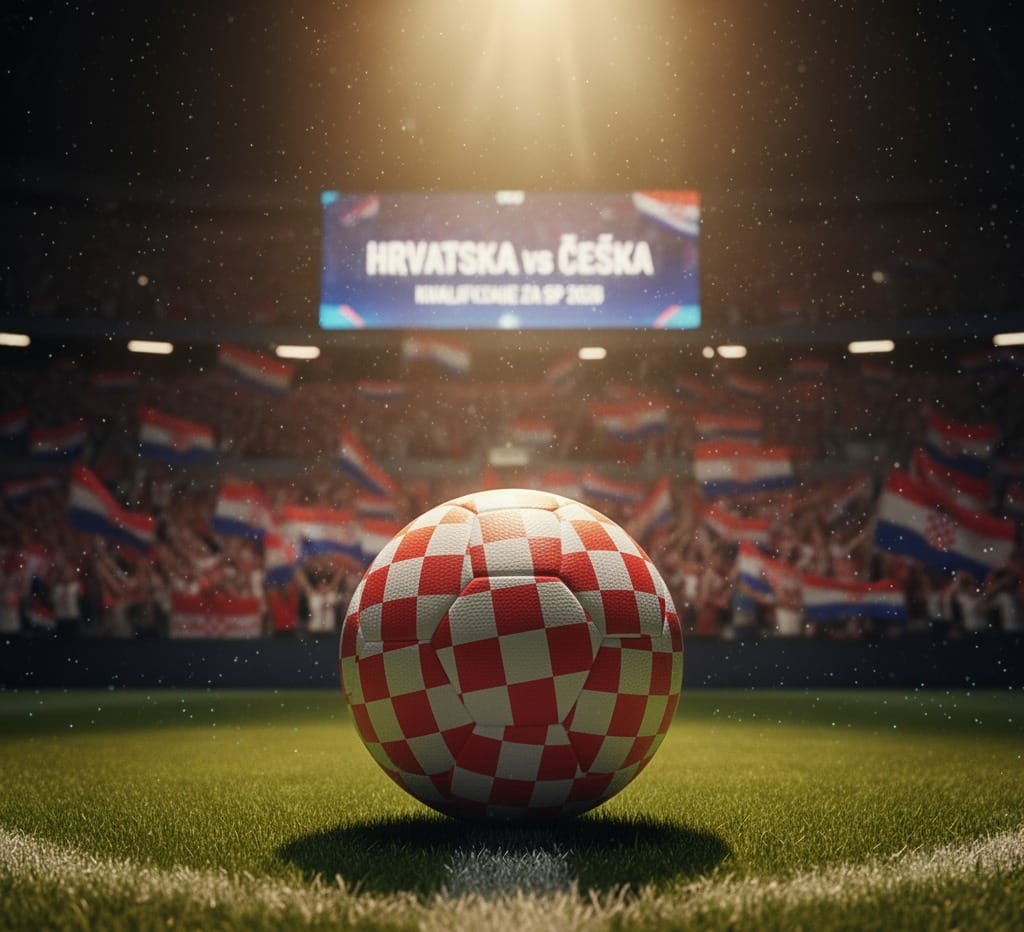 Nogometna lopta s hrvatskom šahovnicom uoči utakmice Hrvatska - Češka, kvalifikacije za Svjetsko prvenstvo 2026.