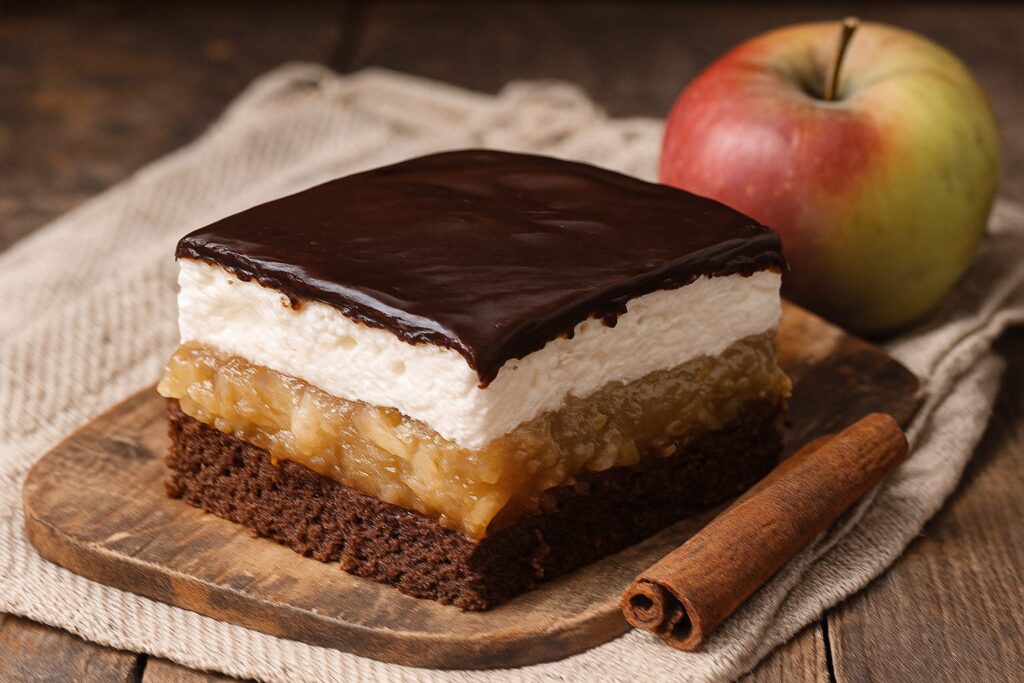Starinski jesenski kolač s jabukama, šaumom i čokoladnom glazurom na drvenoj dasci uz jabuku i štapić cimeta.